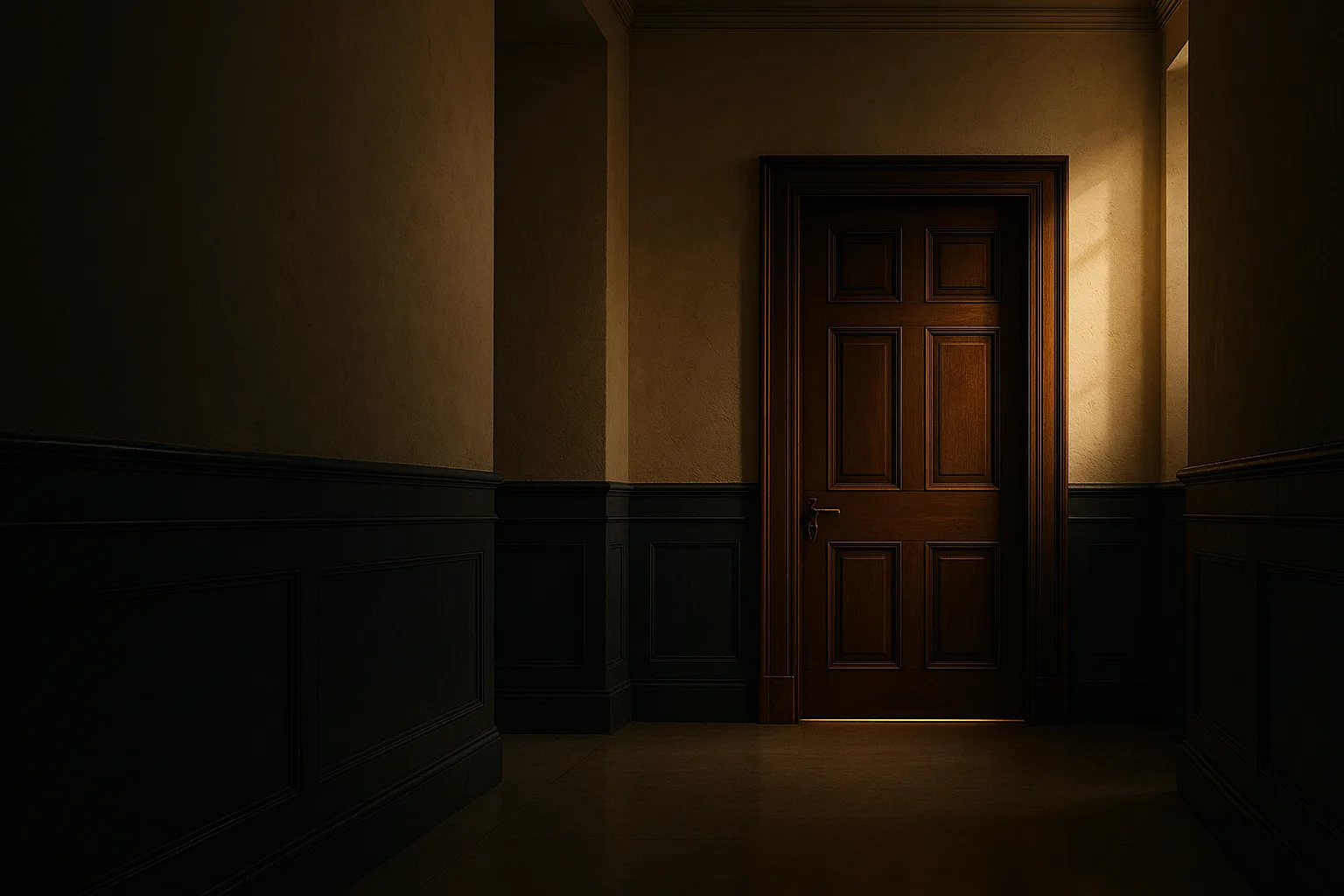 A closed panelled door at the end of a dim institutional corridor, with warm directional light falling across the wall beside it