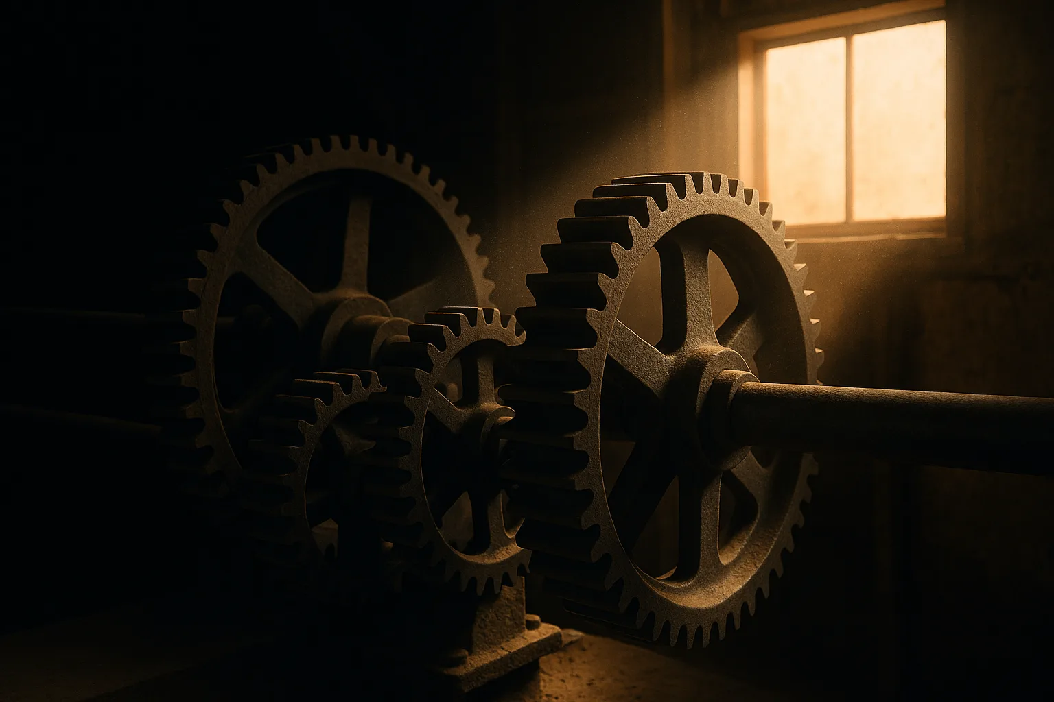 Large cast-iron gears and a drive shaft meshing inside an old Kansas grain elevator, warm light from a high window falling across their teeth