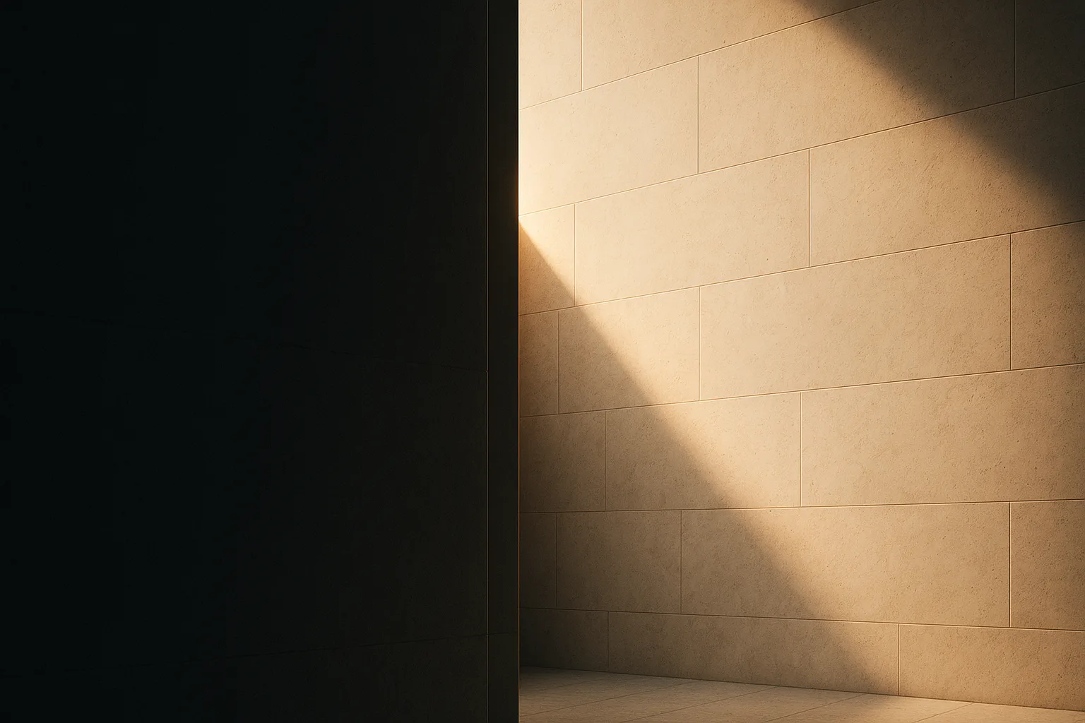 A heavy stone wall in deep shadow meeting a sunlit limestone plane along a narrow vertical seam, with a long shaft of warm light falling across the lit blocks