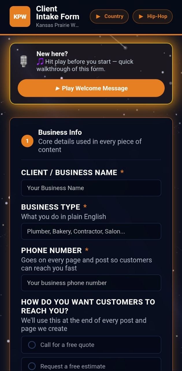 KPW Client Intake Form — Kansas Prairie Webworks onboarding for Central Kansas small businesses