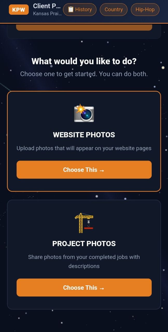 KPW Client Portal Upload — Website Photos and Project Photos for Kansas Prairie Webworks clients in Central Kansas